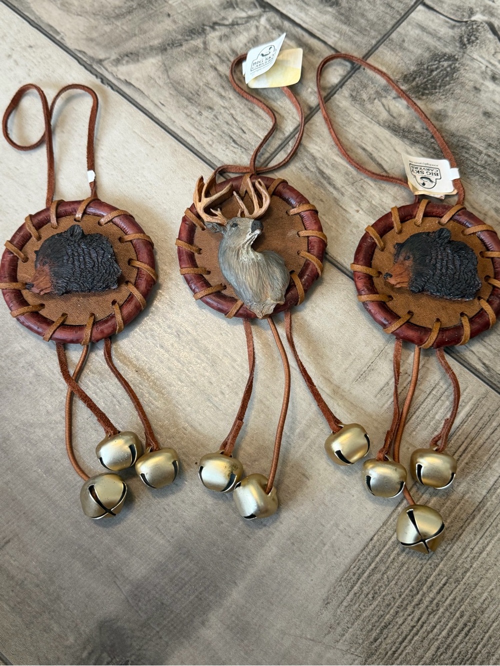 Big Sky Carvers Leather Rustic Deer and Bear Bell Christmas Ornament - Brown